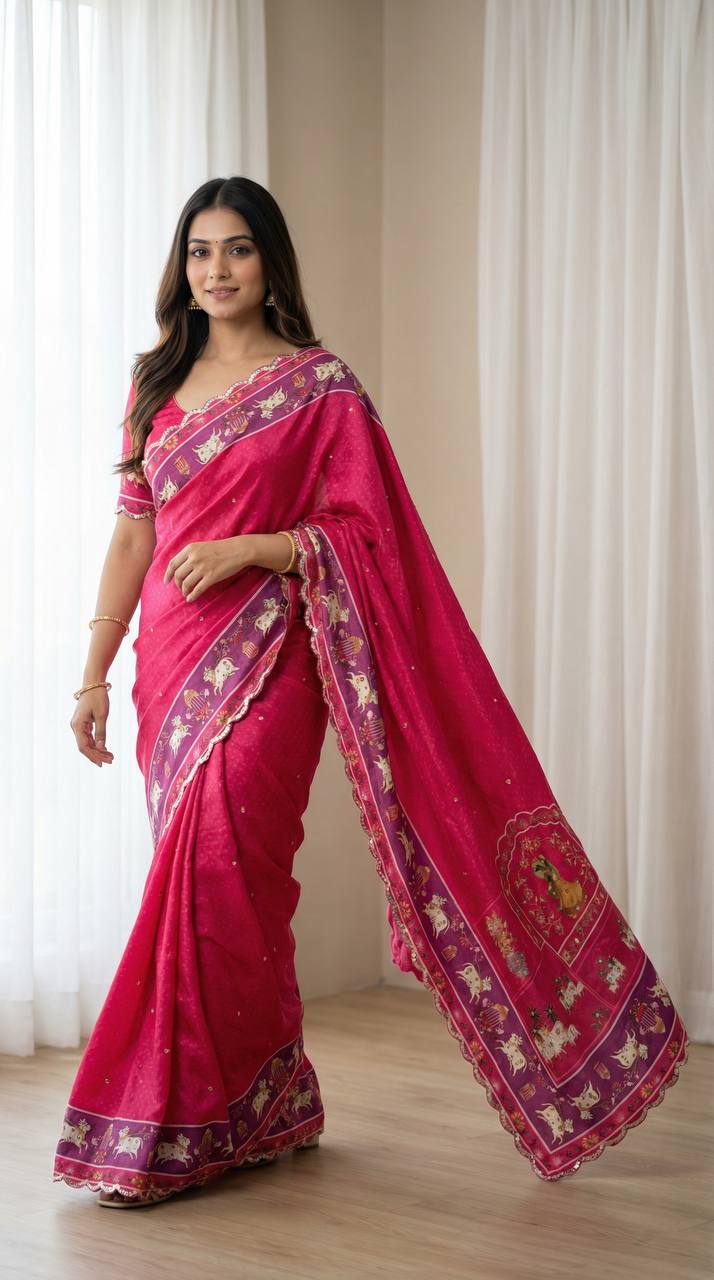 Royal Pink Aari Mirror Foil Work Printed Chinon Saree with Running Blouse