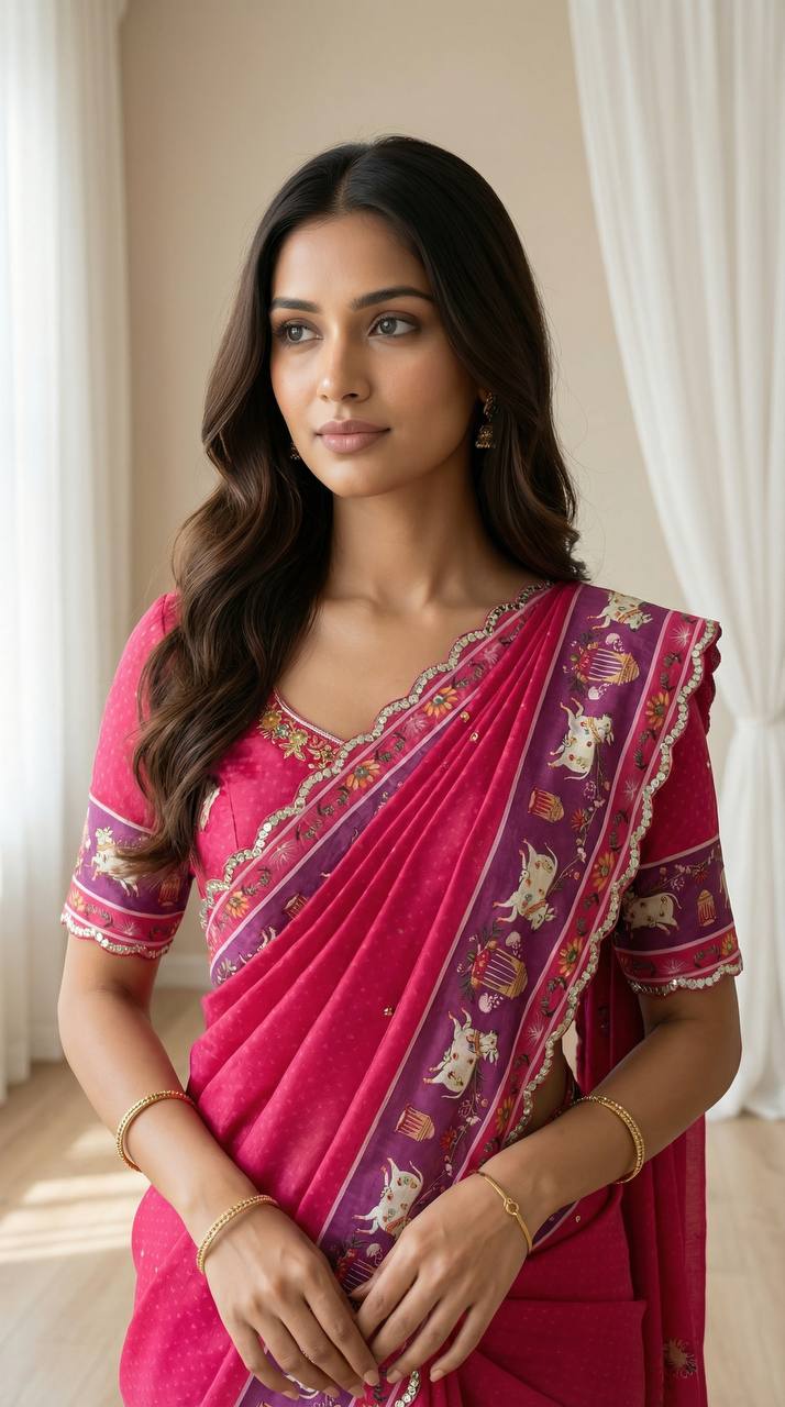 Royal Pink Aari Mirror Foil Work Printed Chinon Saree with Running Blouse