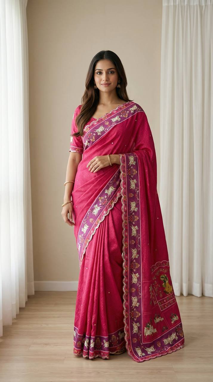 Royal Pink Aari Mirror Foil Work Printed Chinon Saree with Running Blouse
