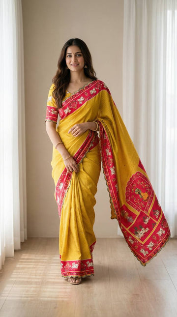 Mustard Yellow Chinon Saree with Pichwai Print & Mirror Work Border
