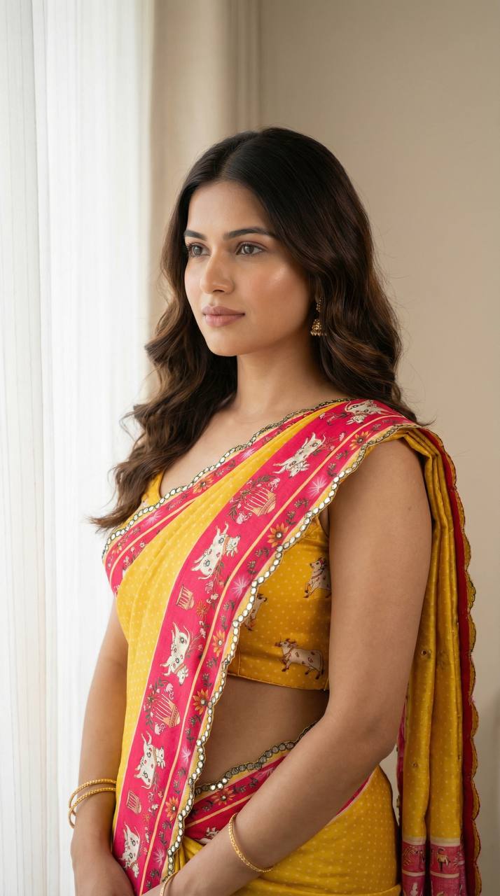 Mustard Yellow Chinon Saree with Pichwai Print & Mirror Work Border