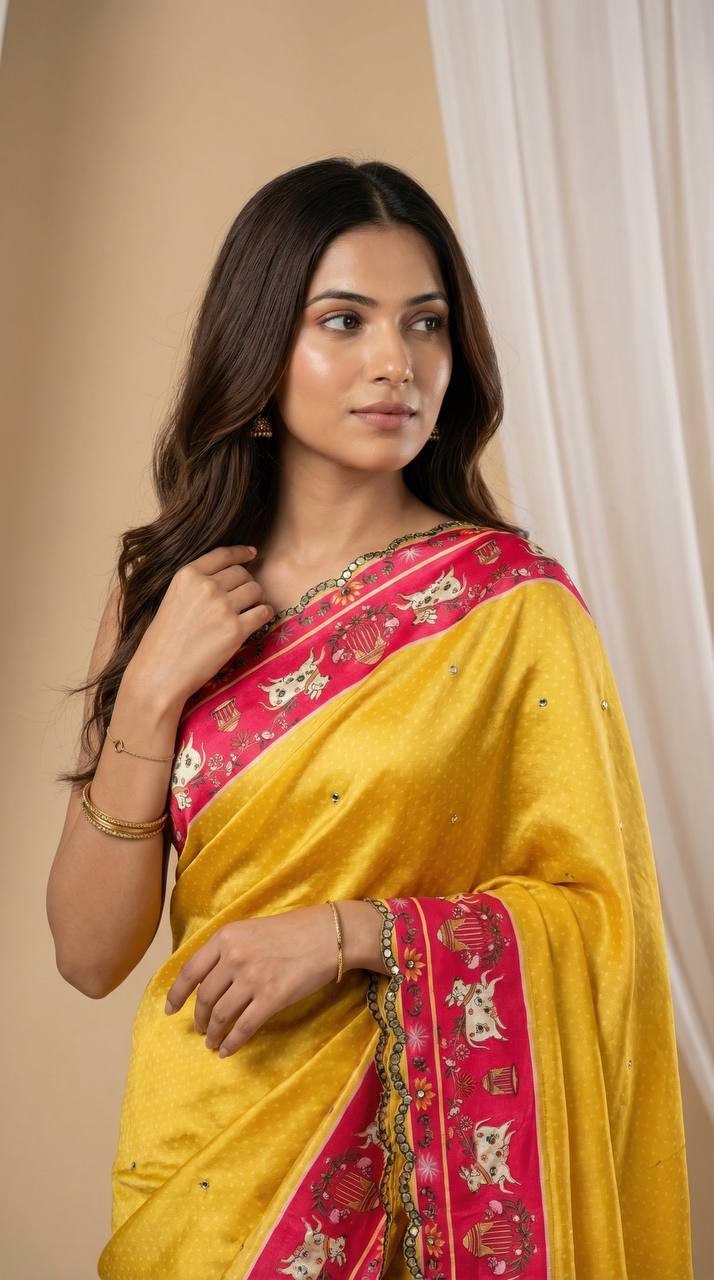 Mustard Yellow Chinon Saree with Pichwai Print & Mirror Work Border