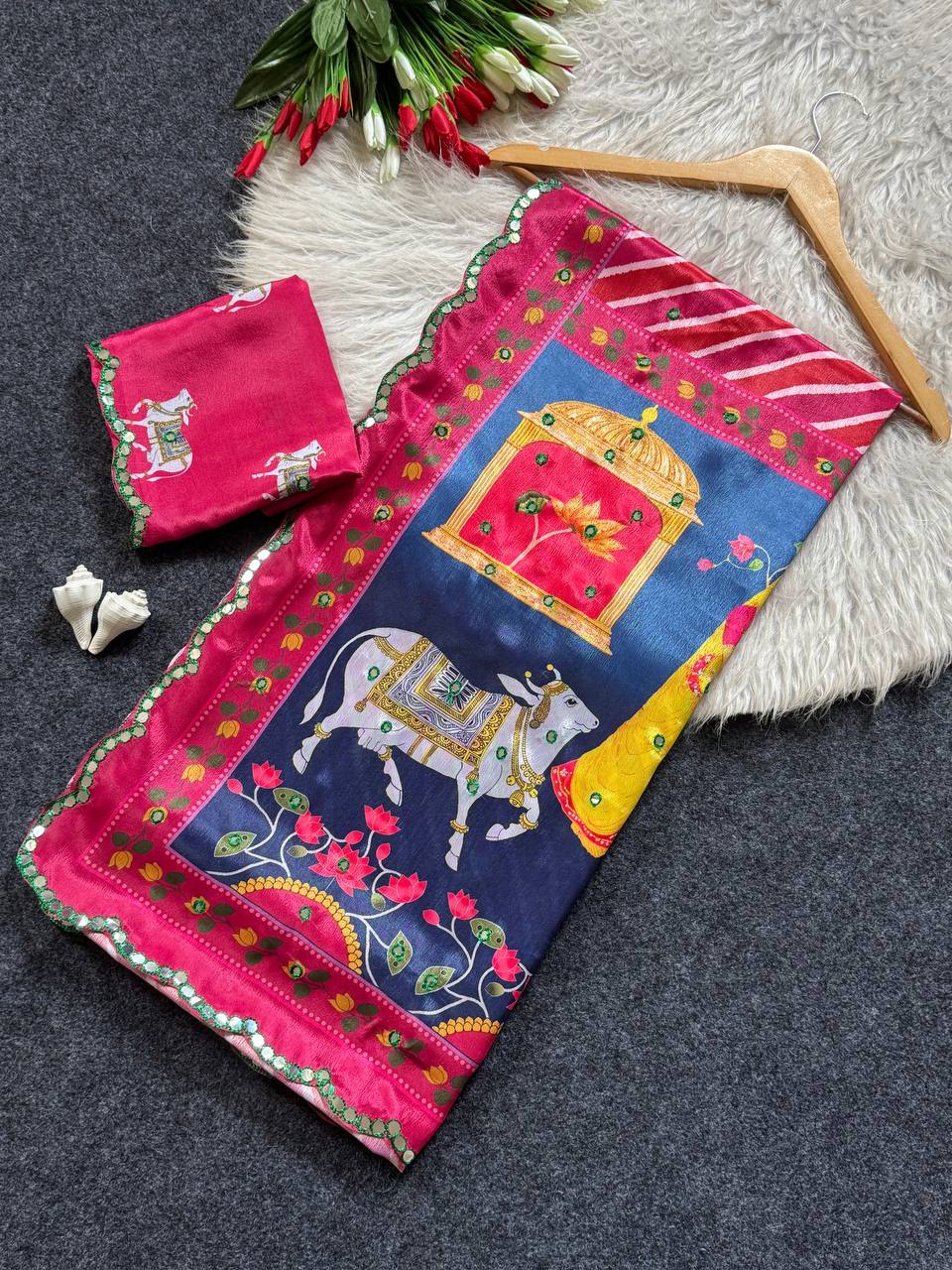Red Leheriya Chinon Saree with Gopi Kana Print & Rich Mirror Work