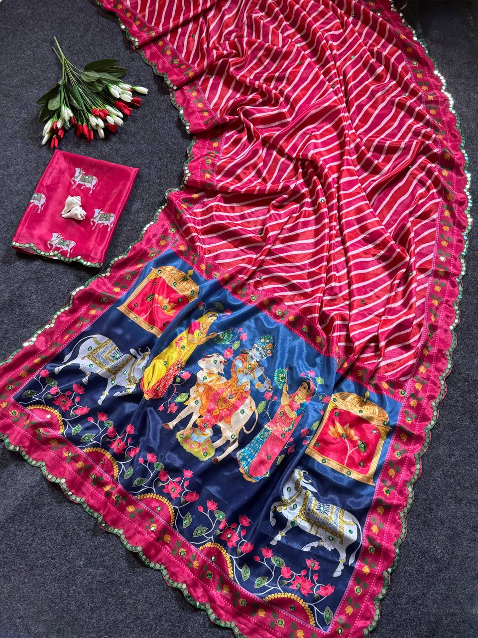 Red Leheriya Chinon Saree with Gopi Kana Print & Rich Mirror Work