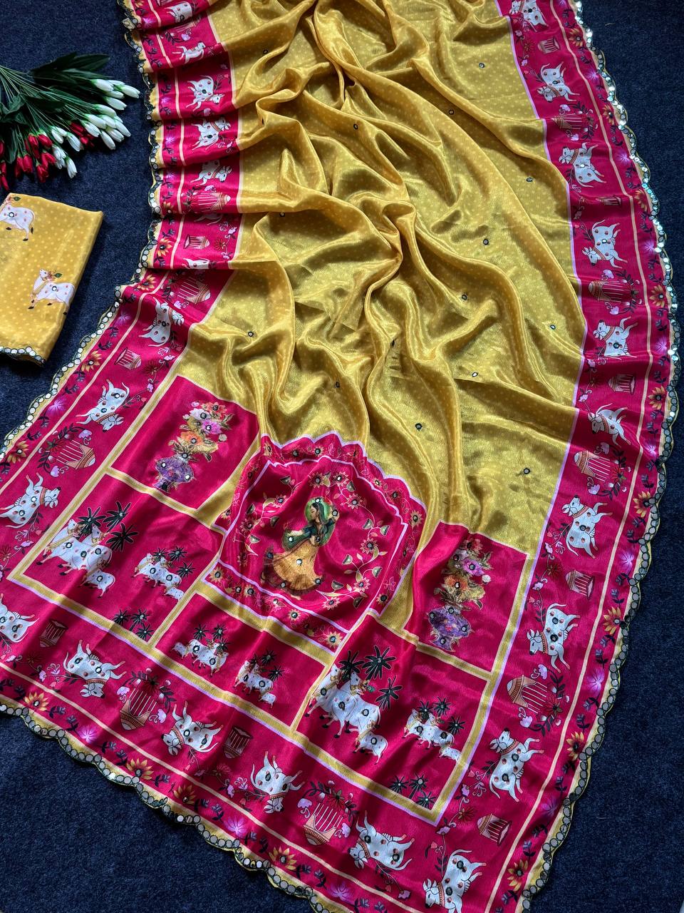 Mustard Yellow Chinon Saree with Pichwai Print & Mirror Work Border