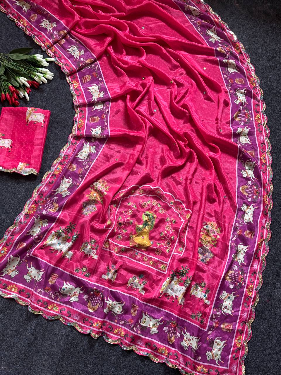 Royal Pink Aari Mirror Foil Work Printed Chinon Saree with Running Blouse