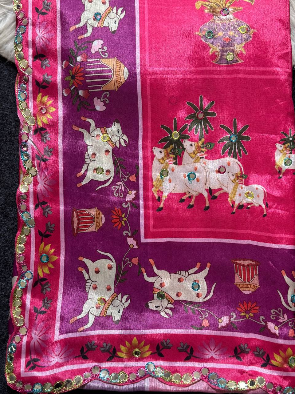 Royal Pink Aari Mirror Foil Work Printed Chinon Saree with Running Blouse