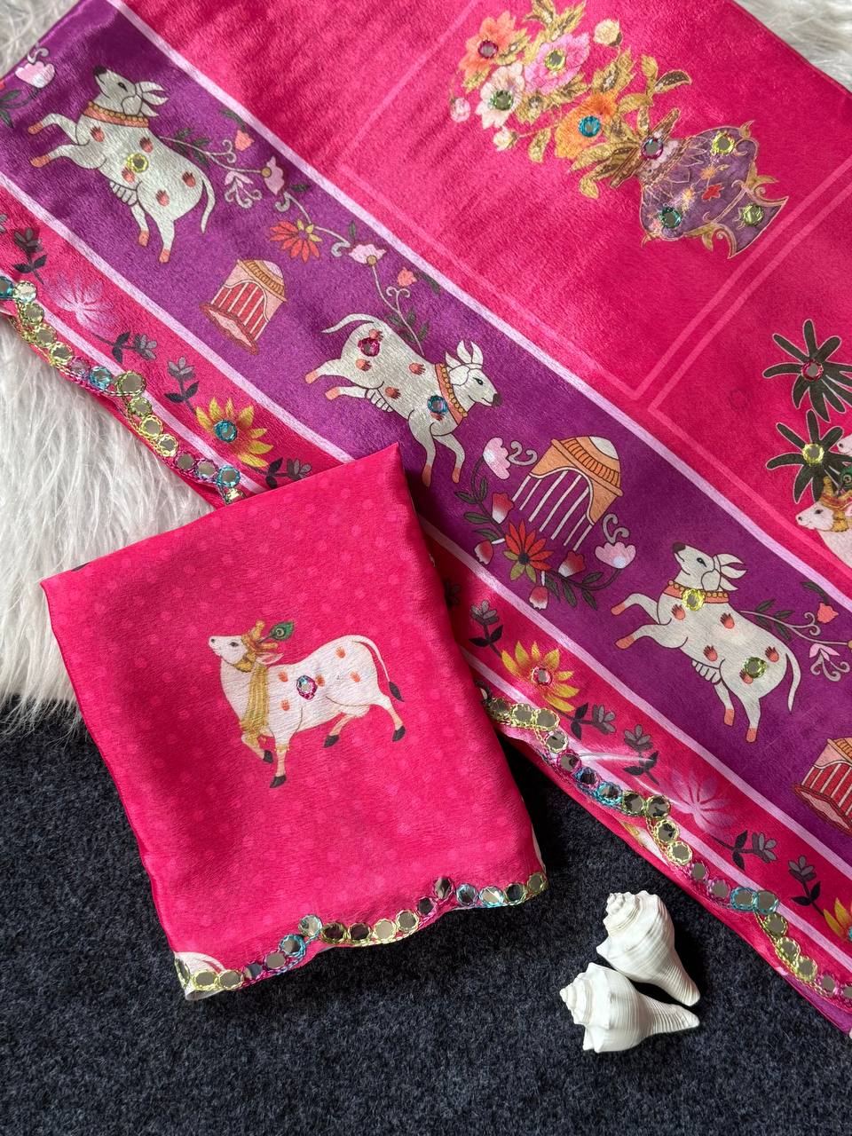 Royal Pink Aari Mirror Foil Work Printed Chinon Saree with Running Blouse