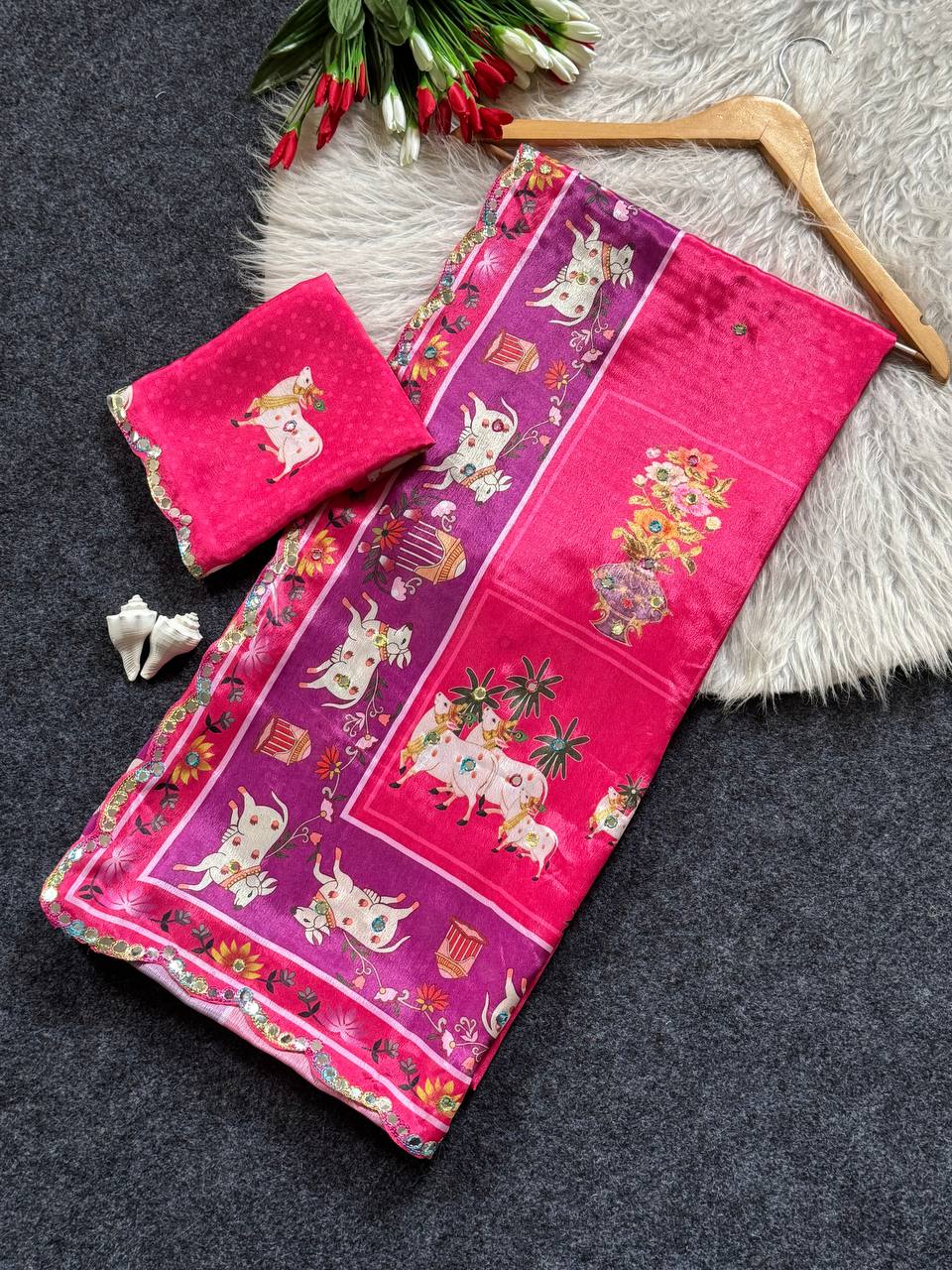 Royal Pink Aari Mirror Foil Work Printed Chinon Saree with Running Blouse