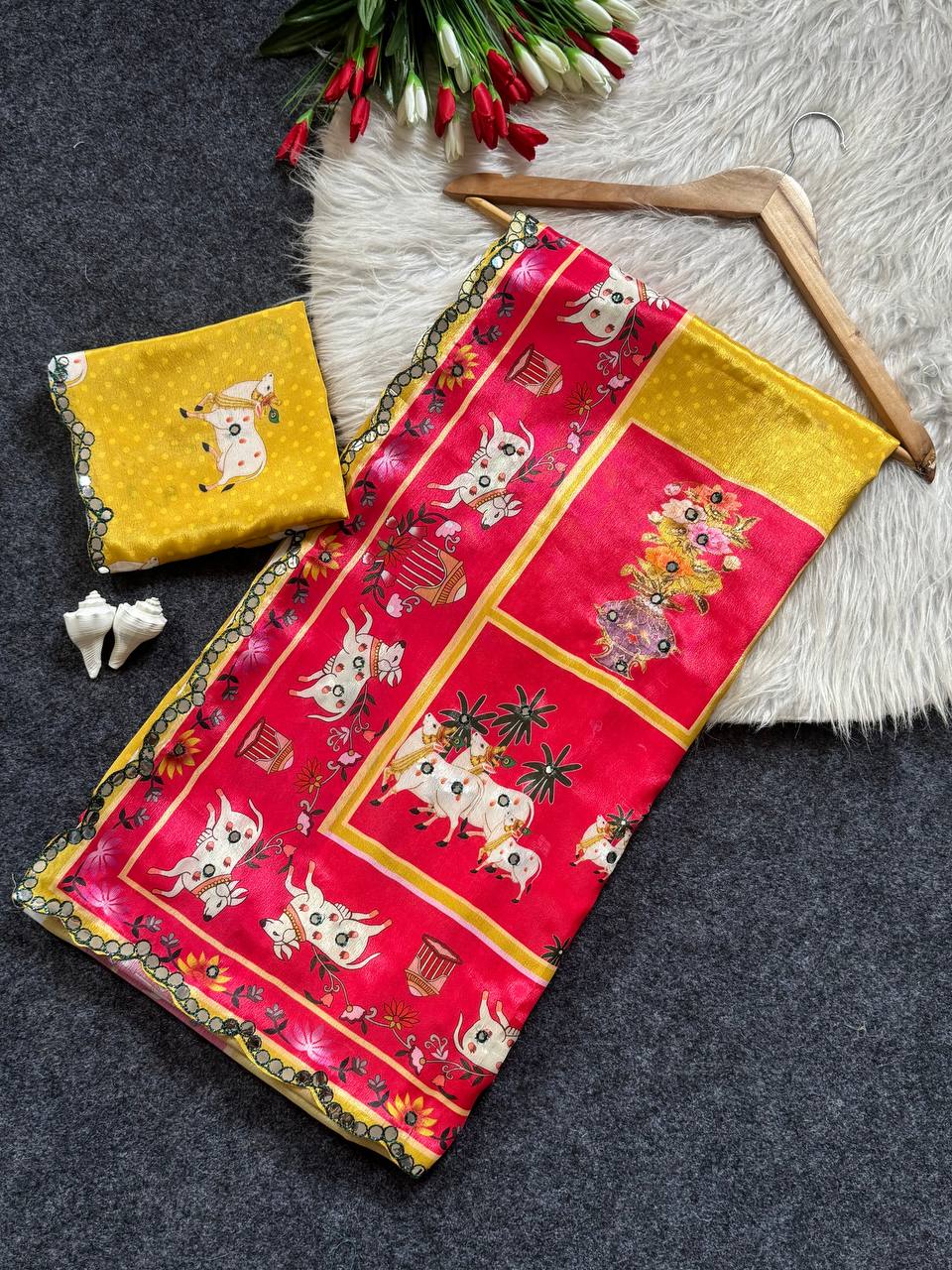 Mustard Yellow Chinon Saree with Pichwai Print & Mirror Work Border