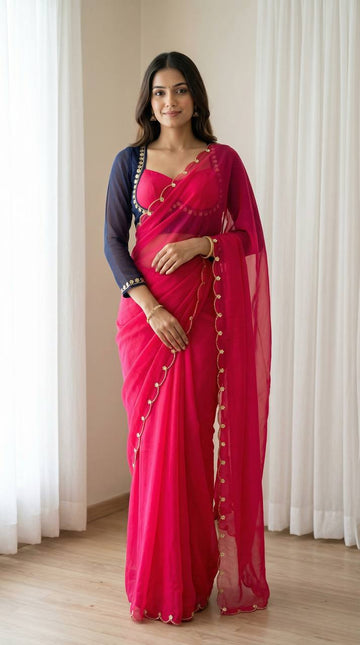 Sabyasachi Inspired Pink Faux Georgette Saree with Madhubala Designer Blouse
