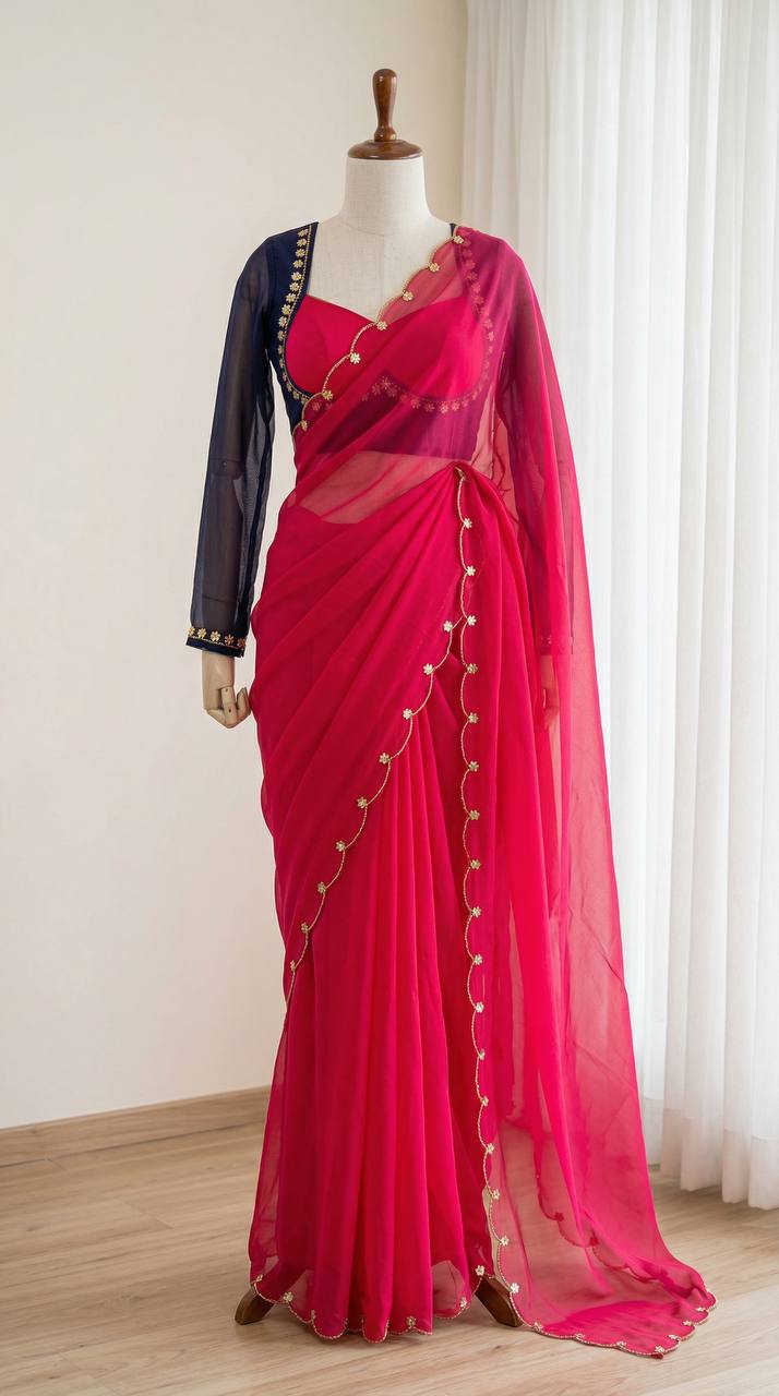Sabyasachi Inspired Pink Faux Georgette Saree with Madhubala Designer Blouse