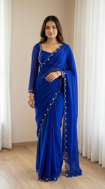 Sabyasachi Inspired Blue Faux Georgette Saree with Madhubala Designer Blouse