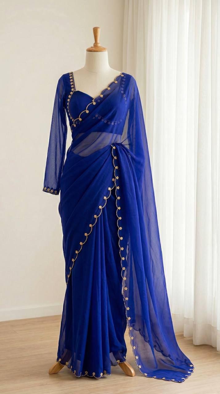 Sabyasachi Inspired Blue Faux Georgette Saree with Madhubala Designer Blouse