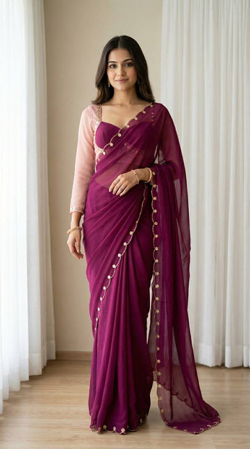 Wine Purple Faux Georgette Saree with Madhubala Designer Blouse