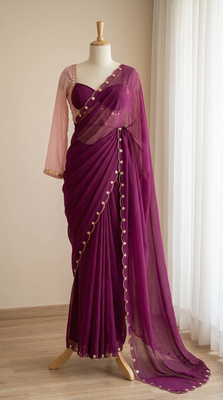 Wine Purple Faux Georgette Saree with Madhubala Designer Blouse