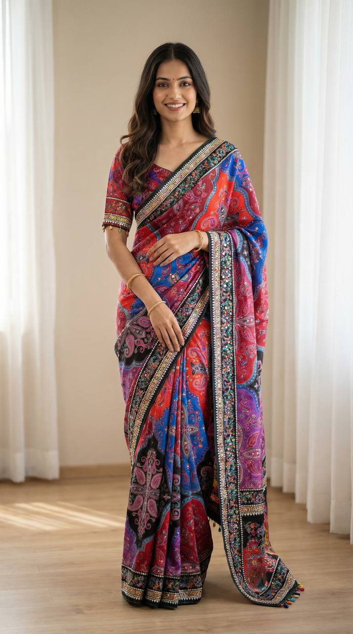Vibrant Paisley Print Saree with Real Mirror Work