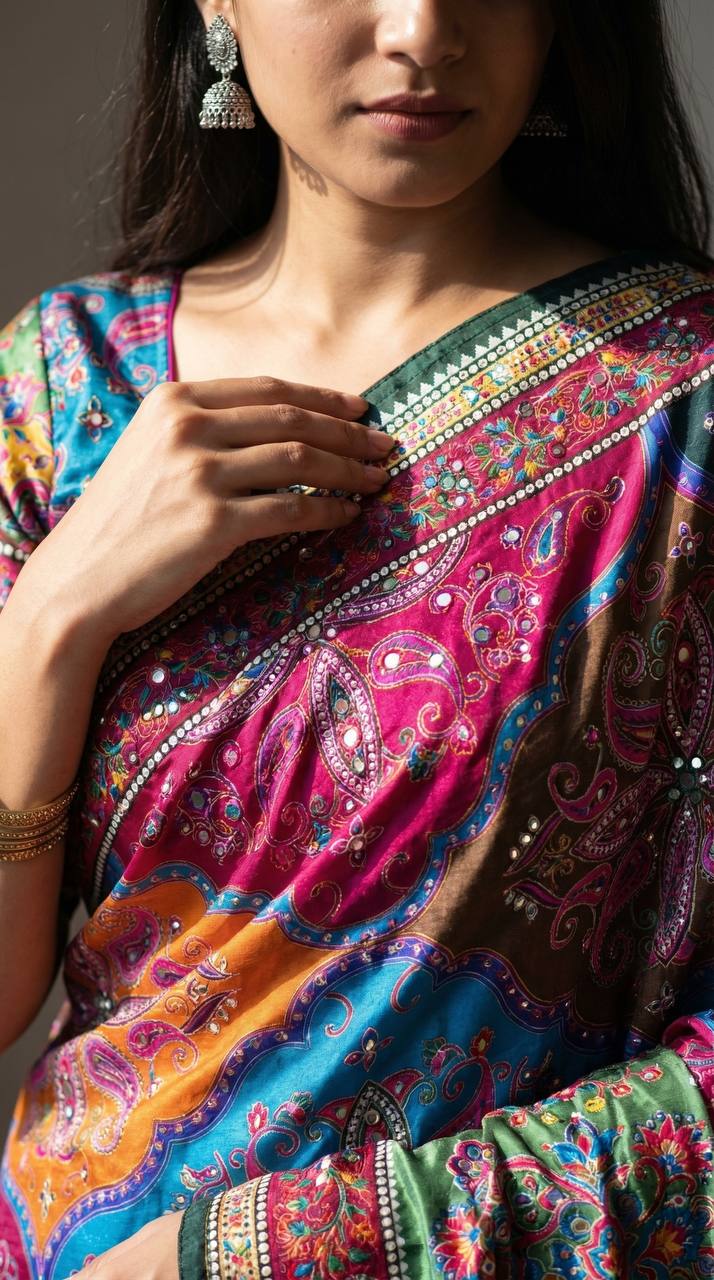 Vibrant Multicolor Soft Satin Printed Saree with Real Mirror Work & Fancy Moti Latkan Pallu