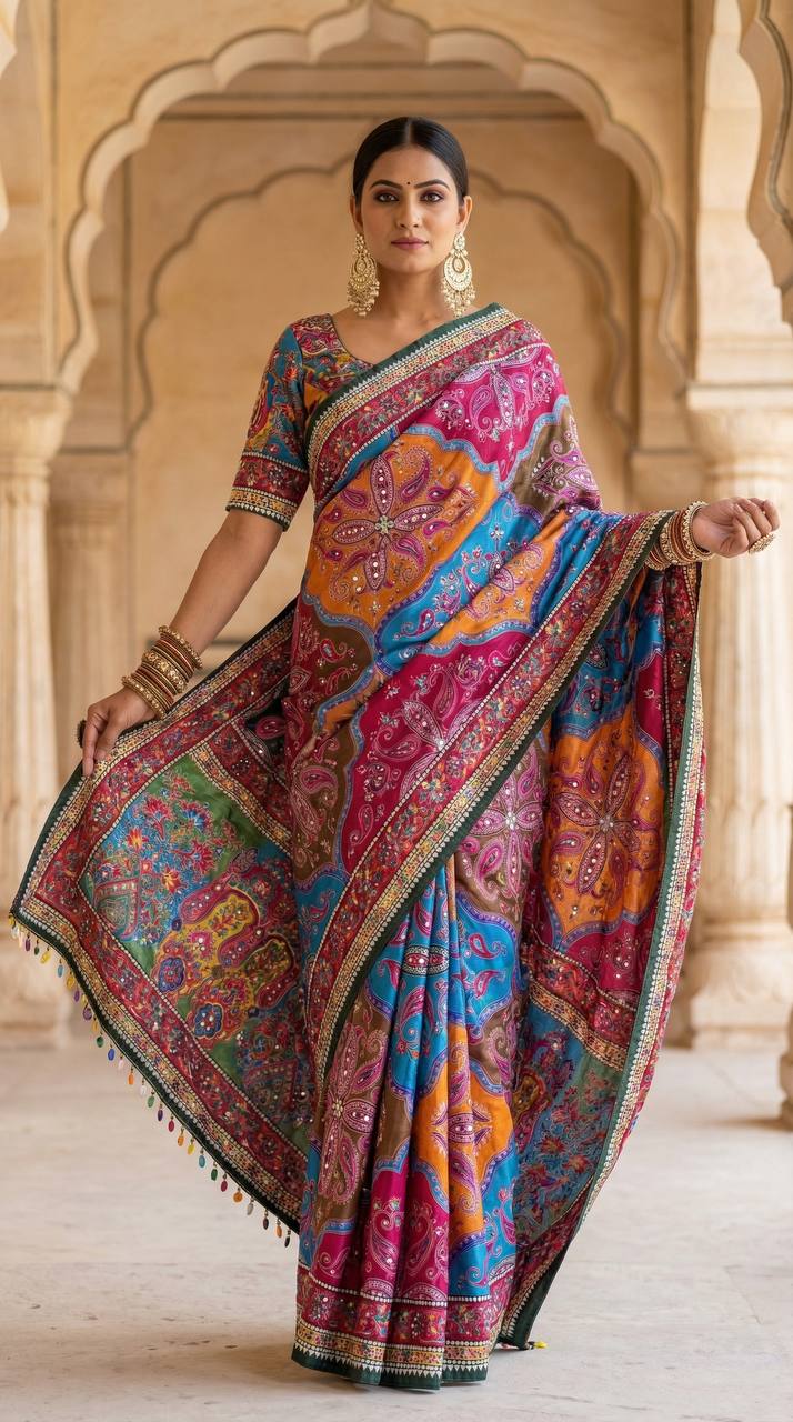 Vibrant Multicolor Soft Satin Printed Saree with Real Mirror Work & Fancy Moti Latkan Pallu