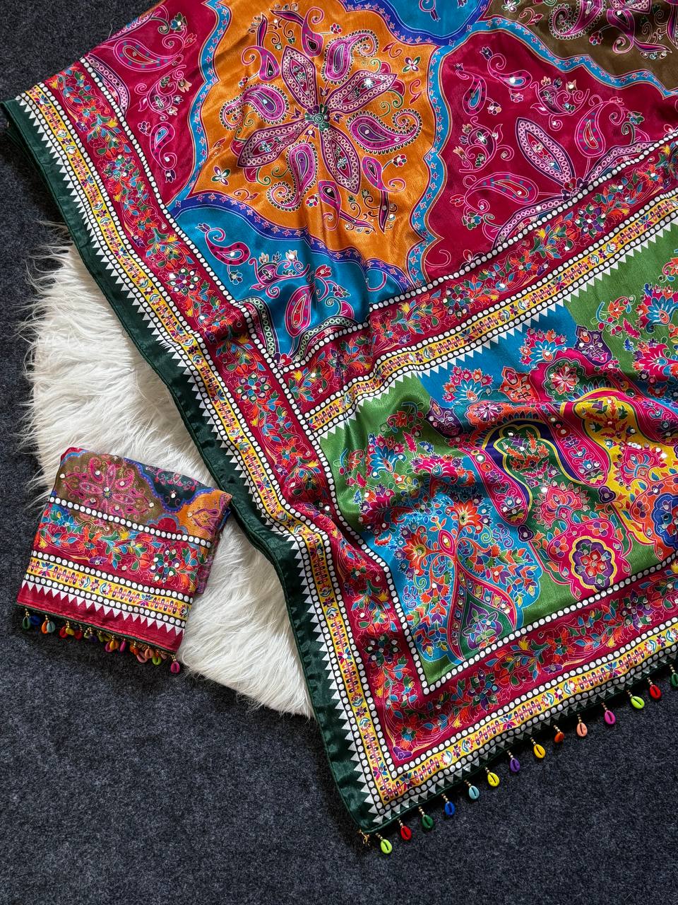 Vibrant Multicolor Soft Satin Printed Saree with Real Mirror Work & Fancy Moti Latkan Pallu