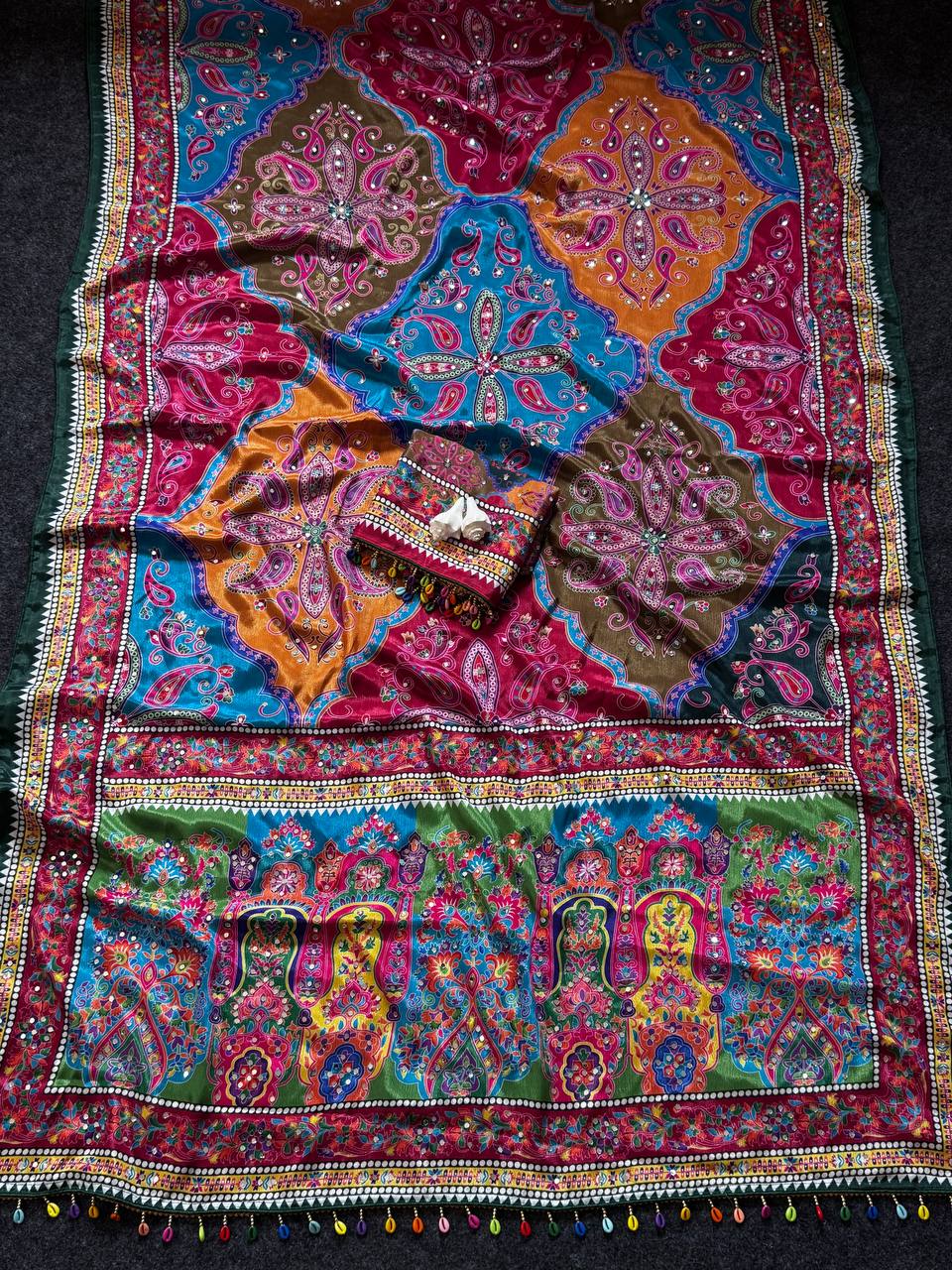 Vibrant Multicolor Soft Satin Printed Saree with Real Mirror Work & Fancy Moti Latkan Pallu