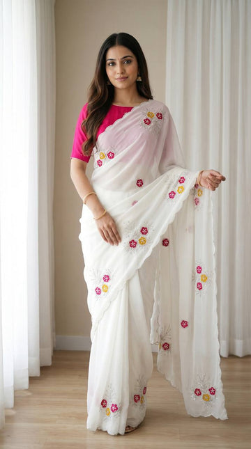 Elegant White Soft Rangoli Saree with Handwork Khatali Butta & Cutdana Sequence Border with Heavy Jalpari Designer Blouse