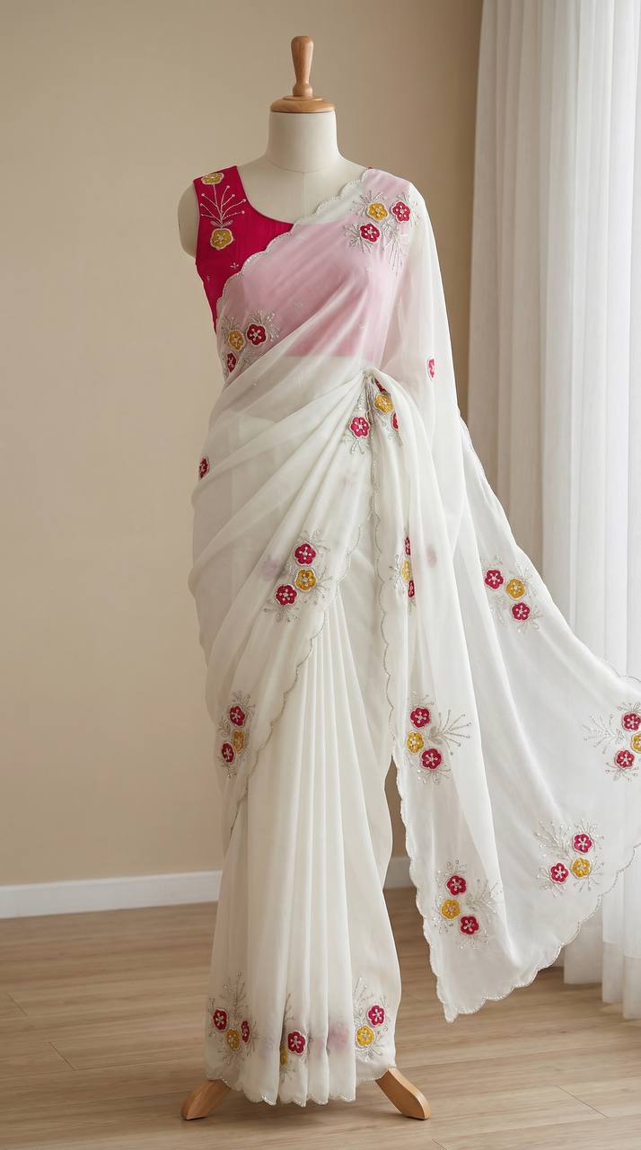 Elegant White Soft Rangoli Saree with Handwork Khatali Butta & Cutdana Sequence Border with Heavy Jalpari Designer Blouse