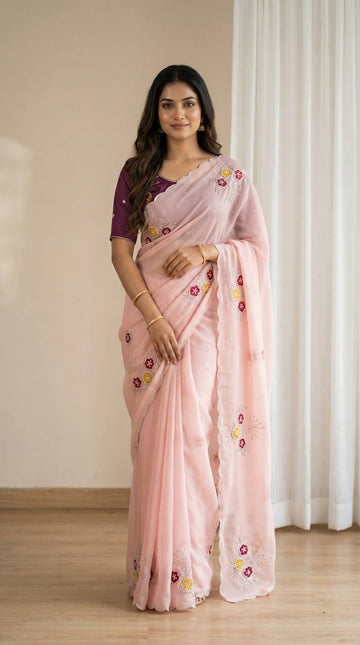 Graceful Baby Pink Soft Rangoli Saree with Handwork Floral Butta & Cutdana Border with Designer Jalpari Blouse