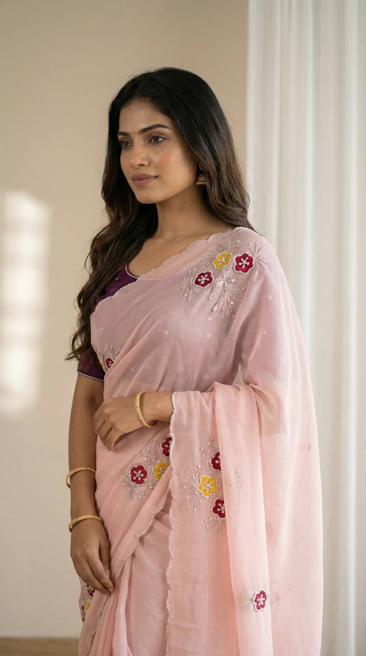 Graceful Baby Pink Soft Rangoli Saree with Handwork Floral Butta & Cutdana Border with Designer Jalpari Blouse