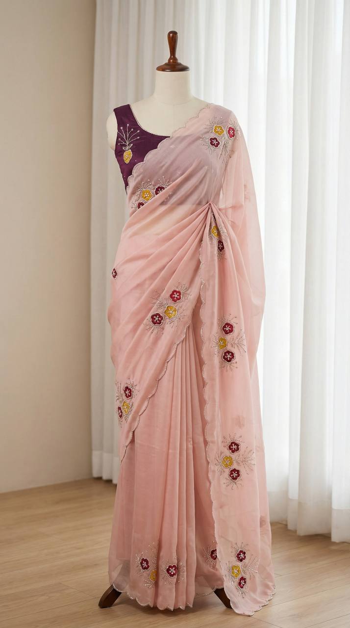 Graceful Baby Pink Soft Rangoli Saree with Handwork Floral Butta & Cutdana Border with Designer Jalpari Blouse