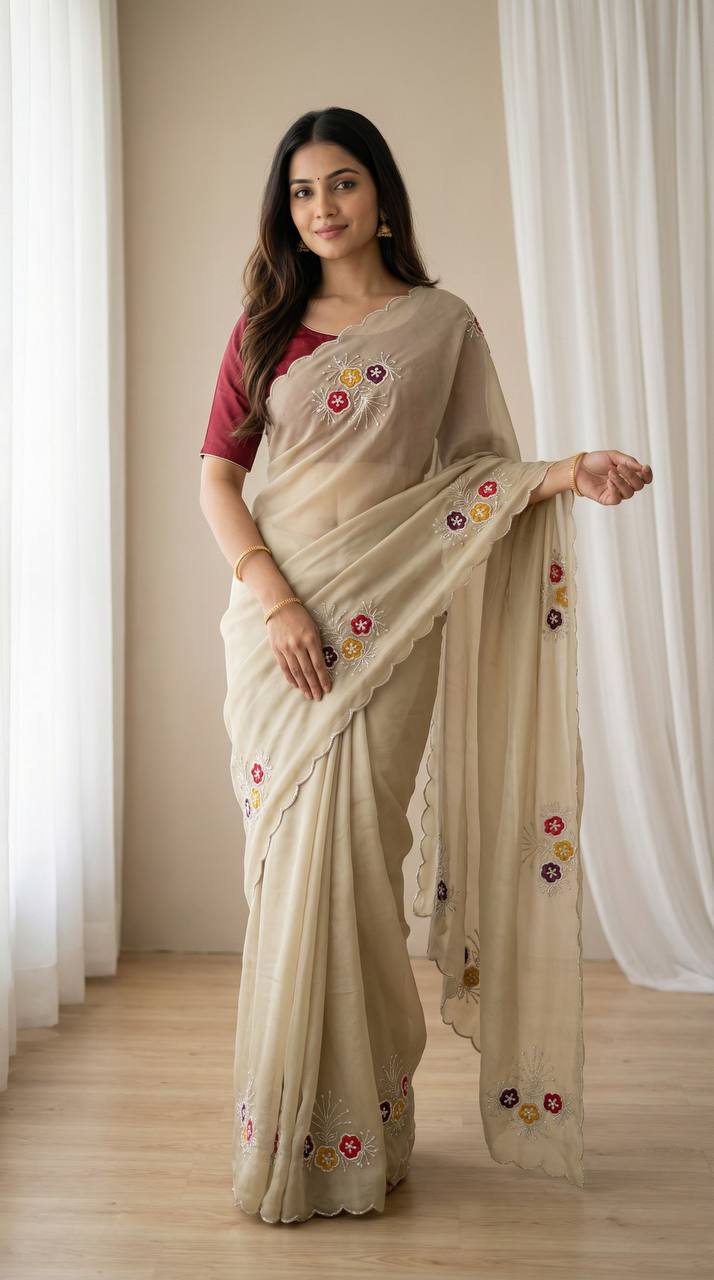 Elegant Soft Rangoli Saree with Handwork Khatali Butta & Cutdana Sequence Border