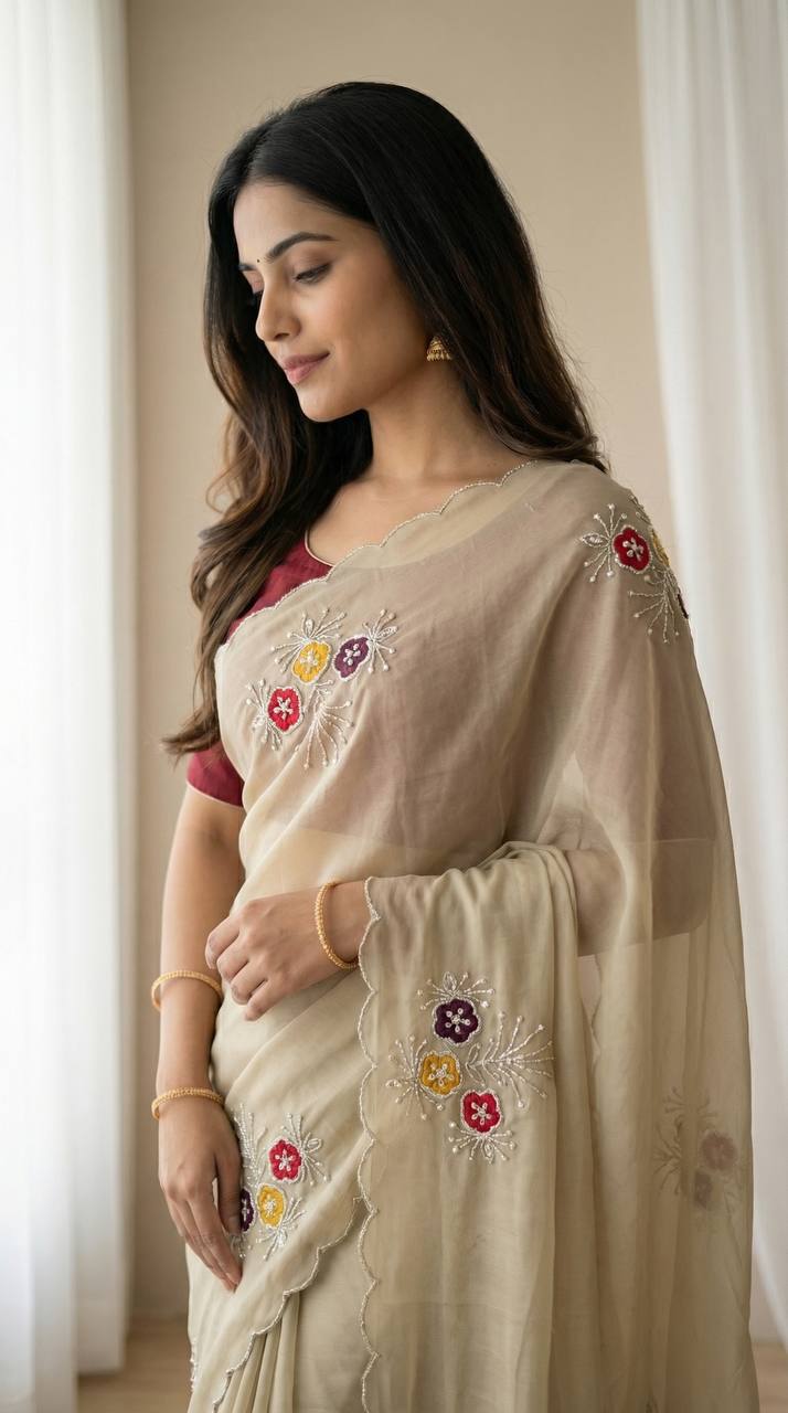Elegant Soft Rangoli Saree with Handwork Khatali Butta & Cutdana Sequence Border