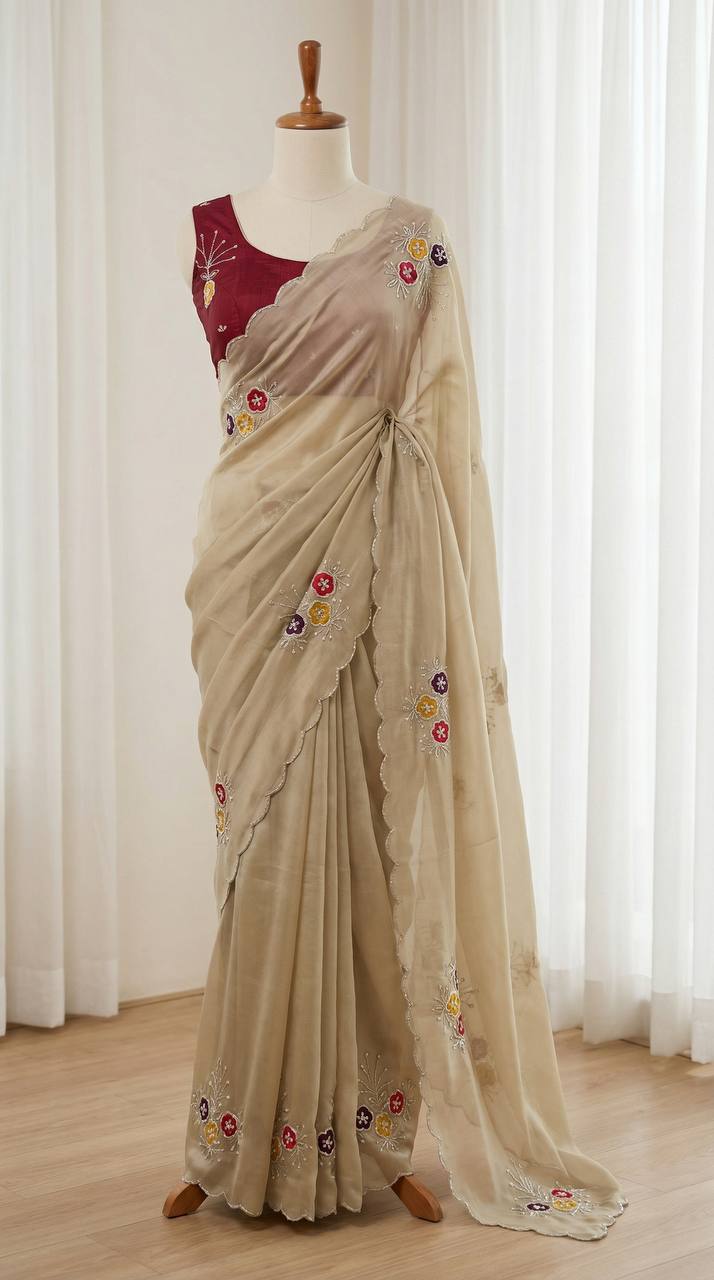 Elegant Soft Rangoli Saree with Handwork Khatali Butta & Cutdana Sequence Border