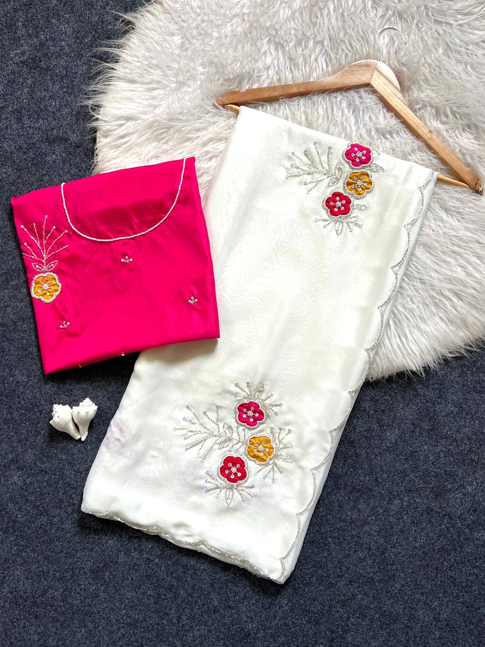 Elegant White Soft Rangoli Saree with Handwork Khatali Butta & Cutdana Sequence Border with Heavy Jalpari Designer Blouse