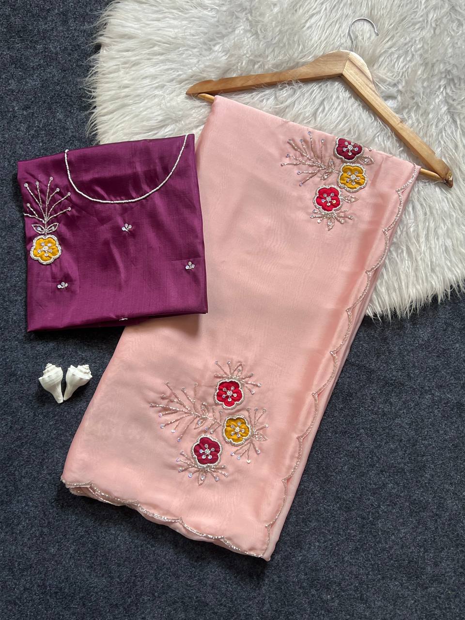 Graceful Baby Pink Soft Rangoli Saree with Handwork Floral Butta & Cutdana Border with Designer Jalpari Blouse