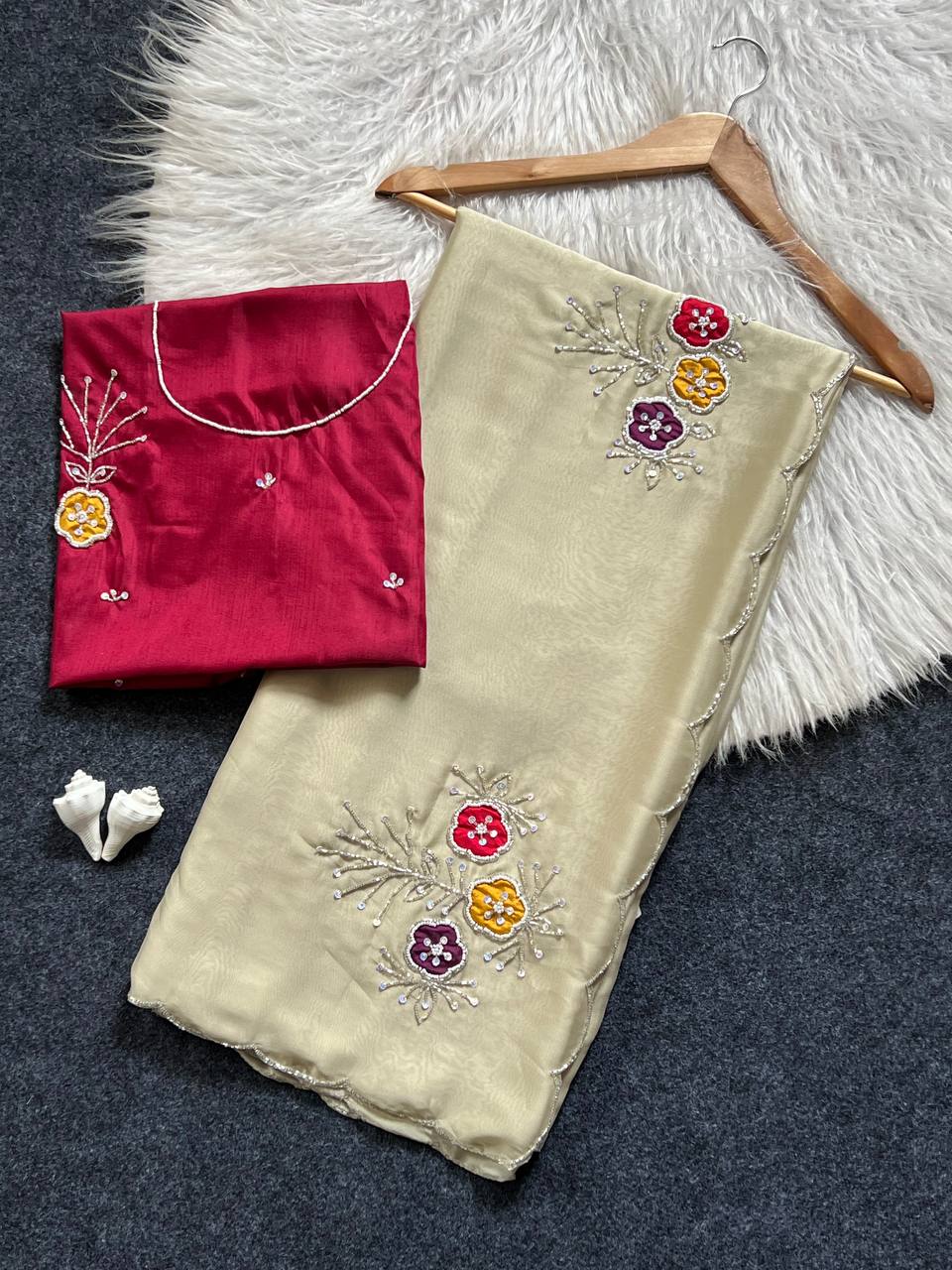 Elegant Soft Rangoli Saree with Handwork Khatali Butta & Cutdana Sequence Border