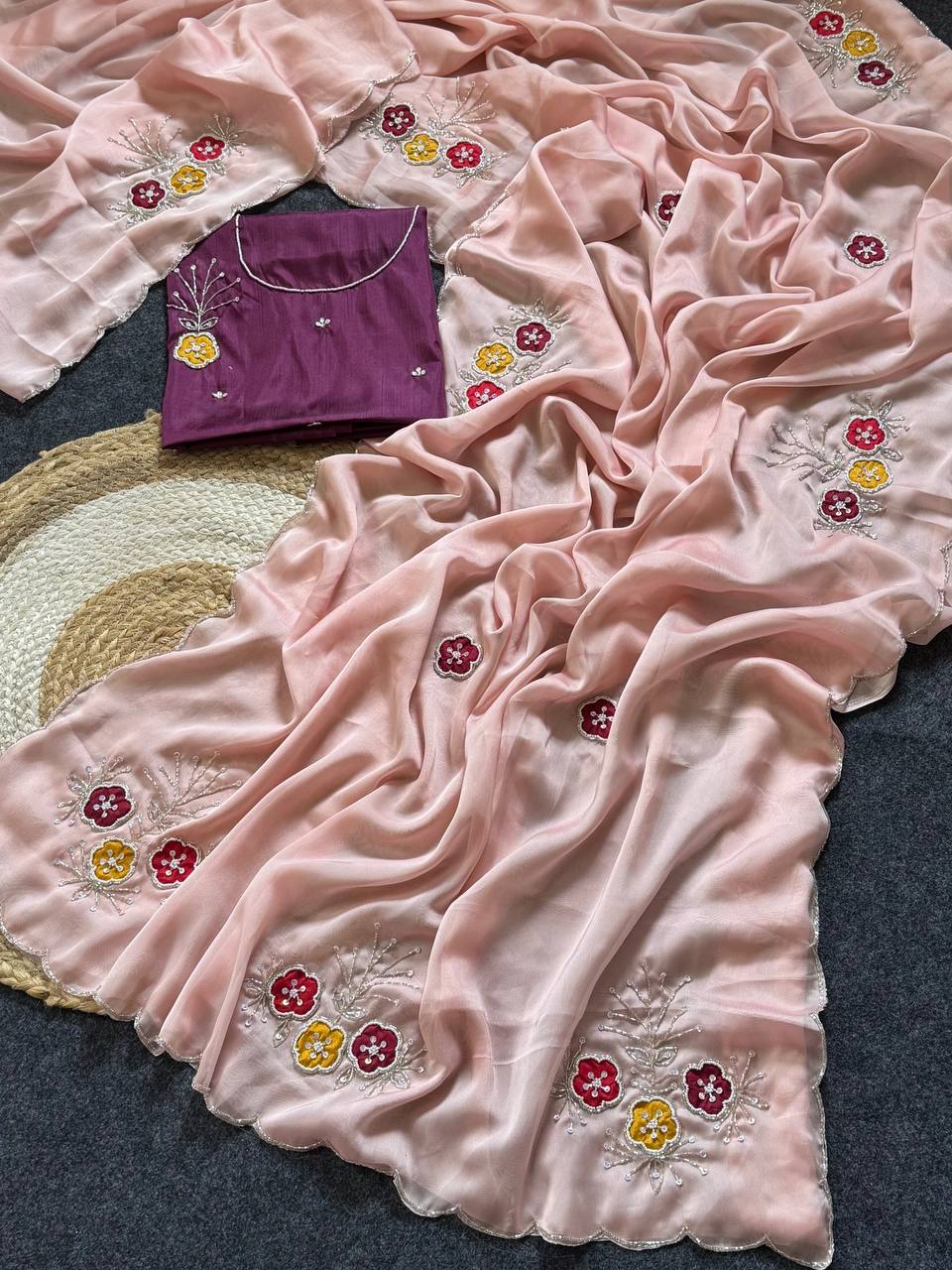 Graceful Baby Pink Soft Rangoli Saree with Handwork Floral Butta & Cutdana Border with Designer Jalpari Blouse