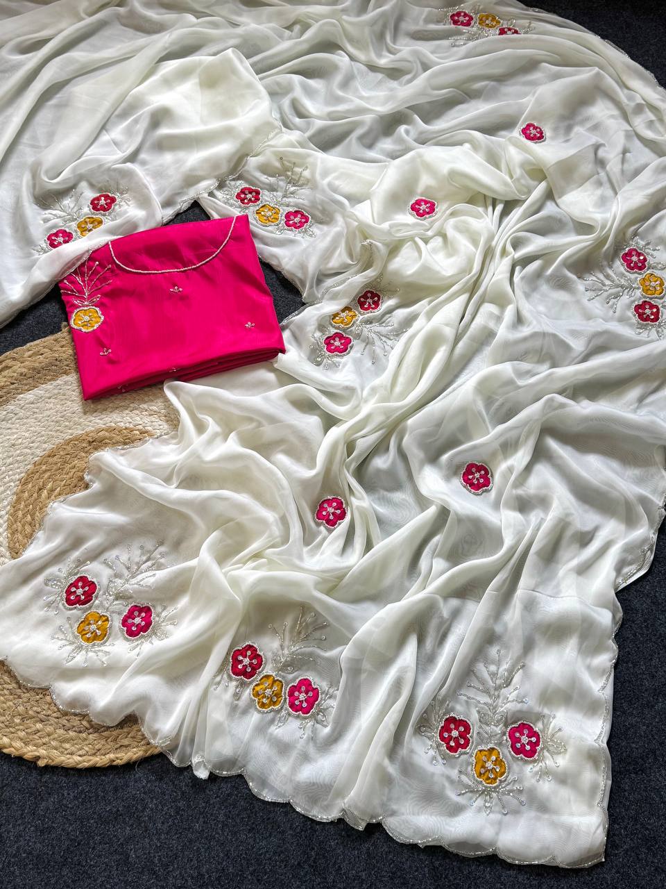 Elegant White Soft Rangoli Saree with Handwork Khatali Butta & Cutdana Sequence Border with Heavy Jalpari Designer Blouse
