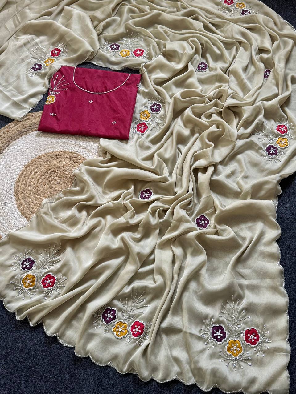 Elegant Soft Rangoli Saree with Handwork Khatali Butta & Cutdana Sequence Border