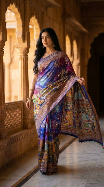Royal Multicolor Soft Satin Printed Saree with Real Mirror Work & Fancy Moti Latkan Pallu