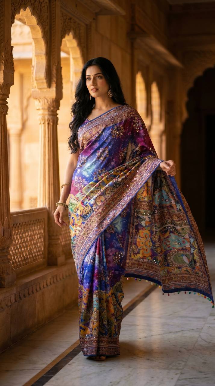 Royal Multicolor Soft Satin Printed Saree with Real Mirror Work & Fancy Moti Latkan Pallu