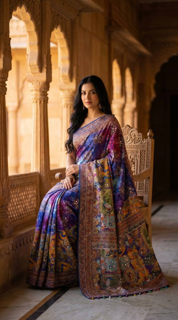Royal Multicolor Soft Satin Printed Saree with Real Mirror Work & Fancy Moti Latkan Pallu