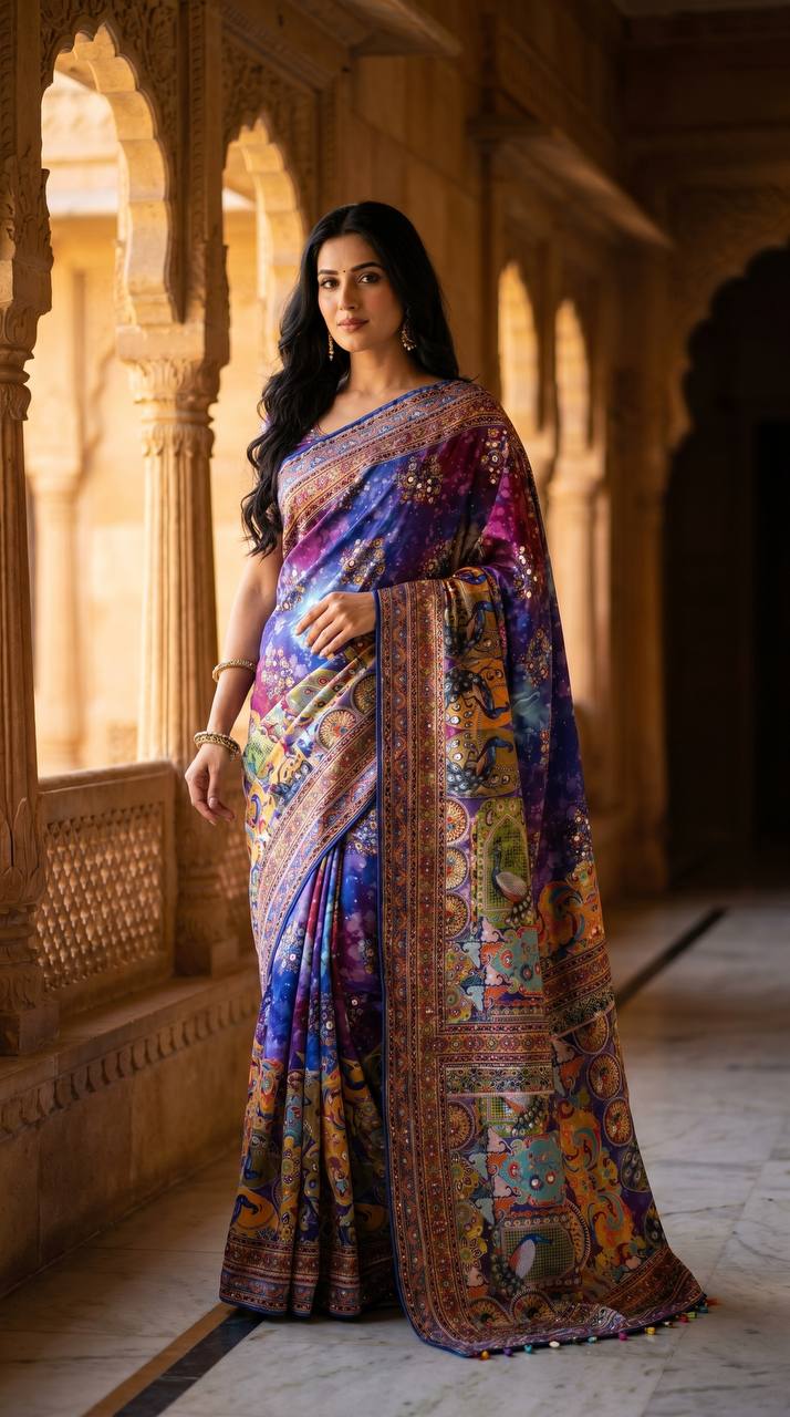 Royal Multicolor Soft Satin Printed Saree with Real Mirror Work & Fancy Moti Latkan Pallu