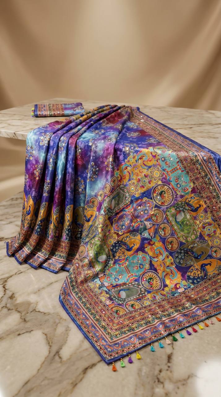 Royal Multicolor Soft Satin Printed Saree with Real Mirror Work & Fancy Moti Latkan Pallu