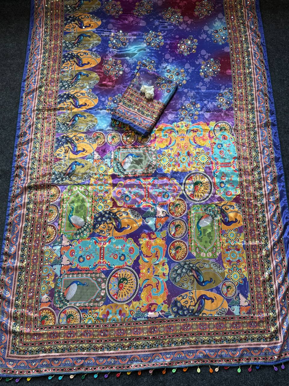 Royal Multicolor Soft Satin Printed Saree with Real Mirror Work & Fancy Moti Latkan Pallu