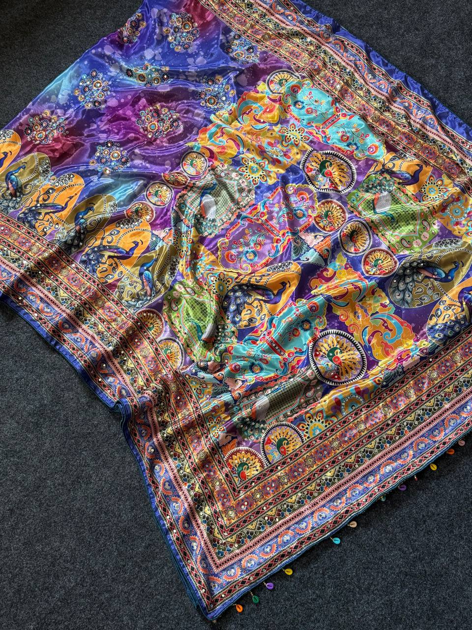 Royal Multicolor Soft Satin Printed Saree with Real Mirror Work & Fancy Moti Latkan Pallu