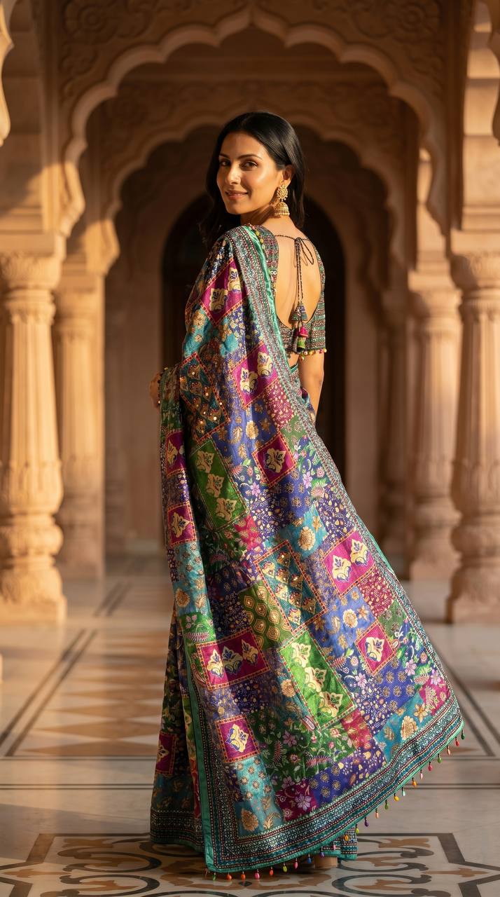 Ajrakh Print Soft Satin Saree with Real Mirror Work & Fancy Moti Latkan Pallu