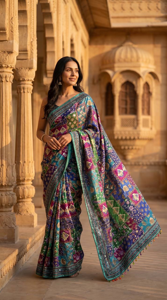 Ajrakh Print Soft Satin Saree with Real Mirror Work & Fancy Moti Latkan Pallu