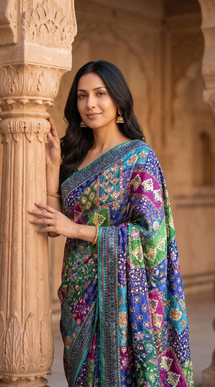 Ajrakh Print Soft Satin Saree with Real Mirror Work & Fancy Moti Latkan Pallu