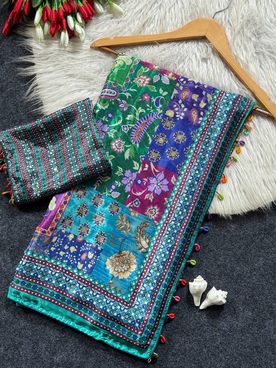 Ajrakh Print Soft Satin Saree with Real Mirror Work & Fancy Moti Latkan Pallu
